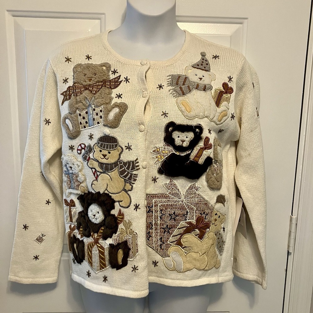 Vtg NWT Segue Cardigan Sweater Womens Large Teddy Bear Ugly Xmas Ivory Button Up